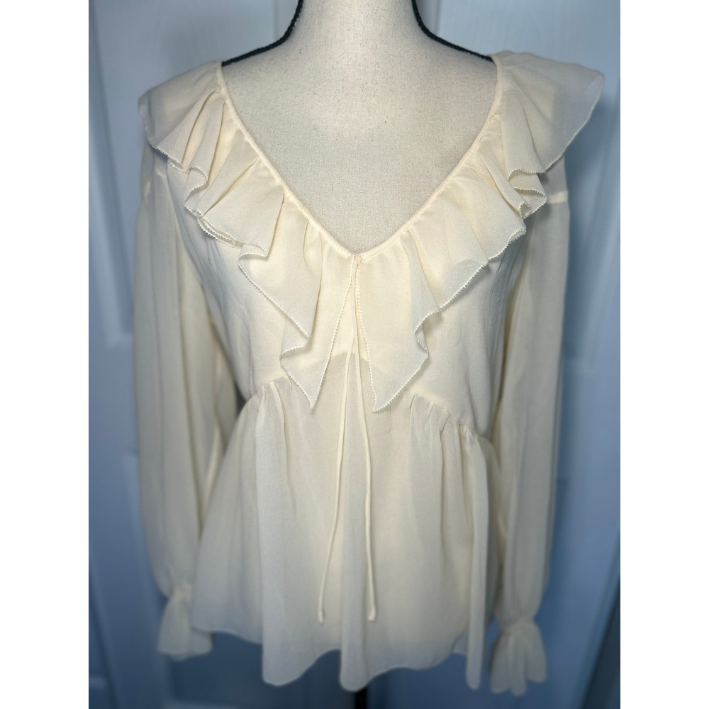 Reformation Ivory Ruffle Peplum Sheer Blouse Long Sleeve Romantic Cottagecore 10